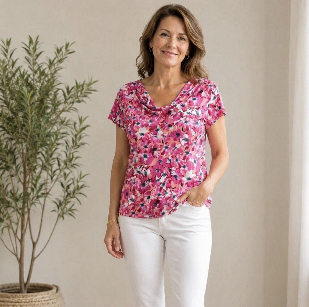 St. John floral cowl neck top L Large pink print short sleeve shirt blouse